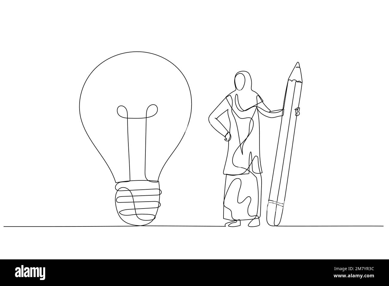 Cartoon von muslimischen Frauen verwendet Bleistift, um die Punkte miteinander zu verbinden und das Idea-Ball-Konzept des Geschäftsverständnisses zu erschaffen. Einteiliges Design mit durchgehender Strichzeichnung Stock Vektor