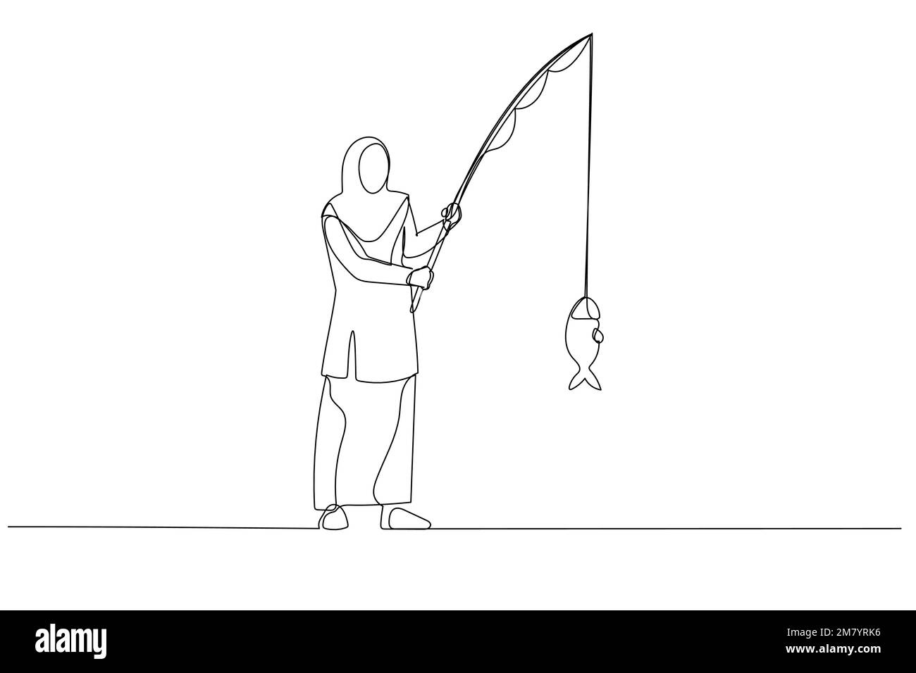 Zeichnung einer muslimischen Frau, die großen Fisch fischt. Design im Strichkunststil Stock Vektor