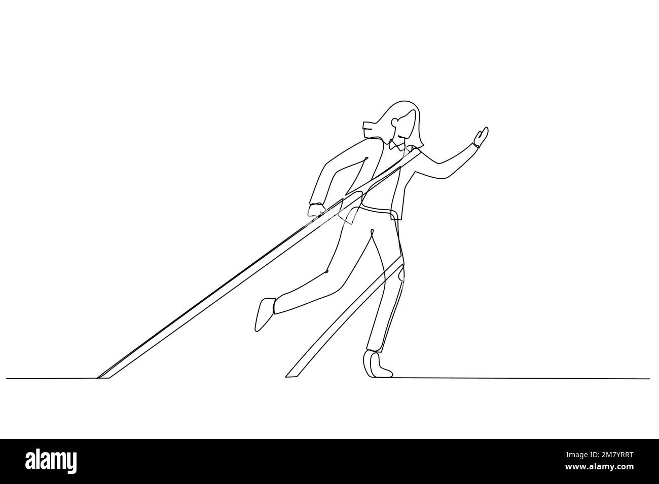 Cartoon einer Geschäftsfrau, gefesselt mit einem Seil, versucht, dem Konzept der geschäftlichen Schwierigkeit zu entkommen. Einzeiliges Kunstdesign Stock Vektor