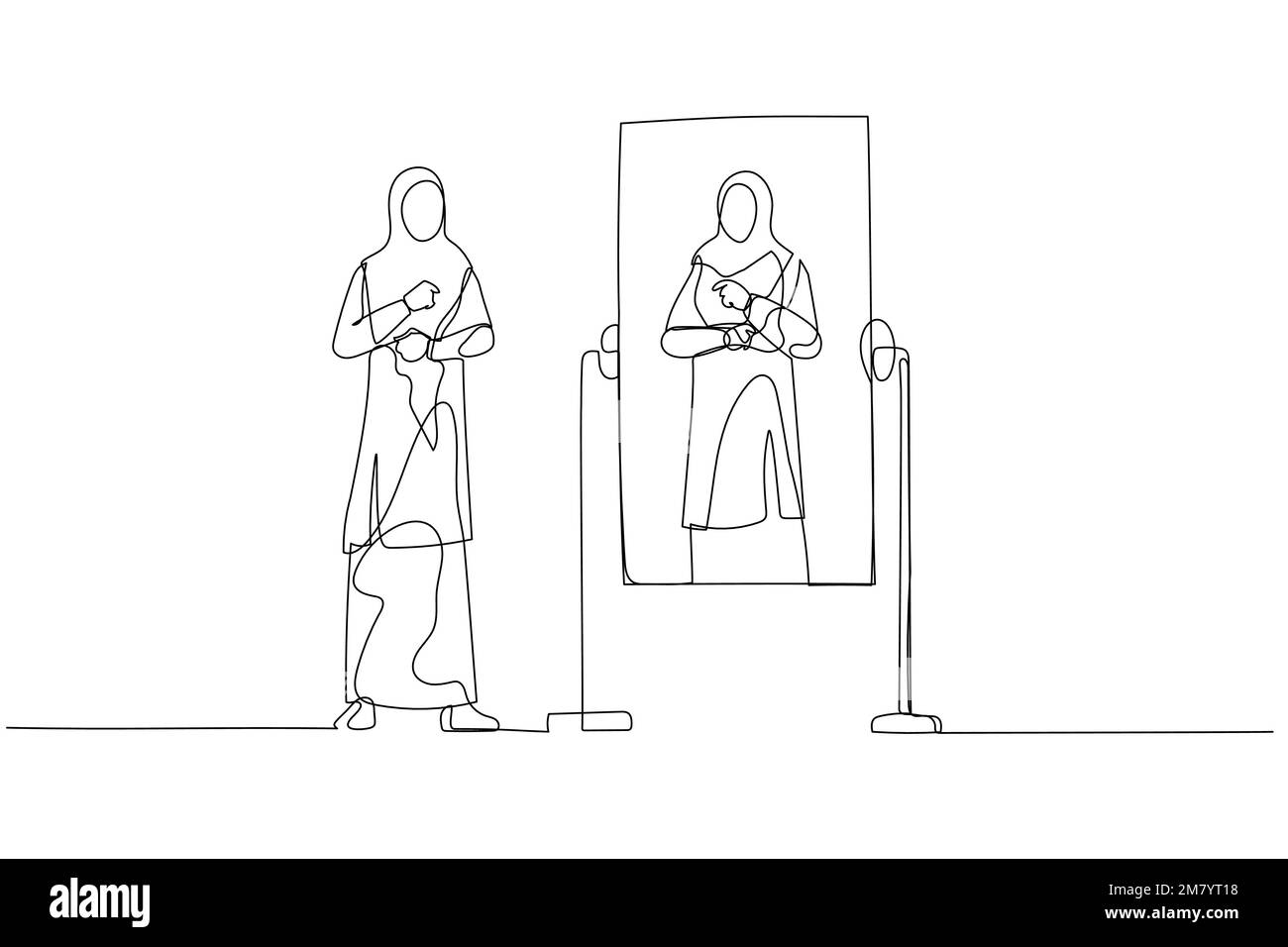 Eine Zeichnung einer Frau trägt Hijab, die sich auf die Arbeit vorbereitet und in den Spiegel schaut. Einzeiliges Kunstdesign Stock Vektor