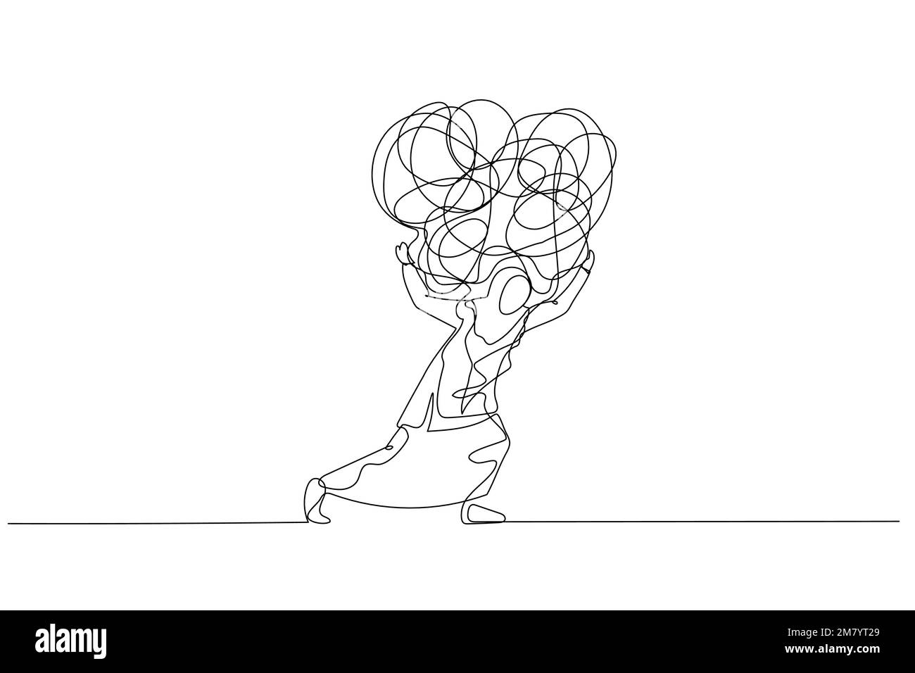 Zeichnung einer muslimischen Frau, die eine schwere schmutzige Linie auf seinem Rücken trägt, Metapher von Stress durch die Arbeit. Einzeiliges Kunstdesign Stock Vektor