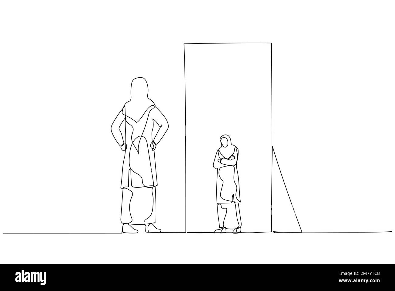 Abbildung einer Frau, die Hijab trägt, in den Spiegel schaut und schüchterne Miniversion von sich selbst sieht. Einzeiliges Design im Art-Stil Stock Vektor