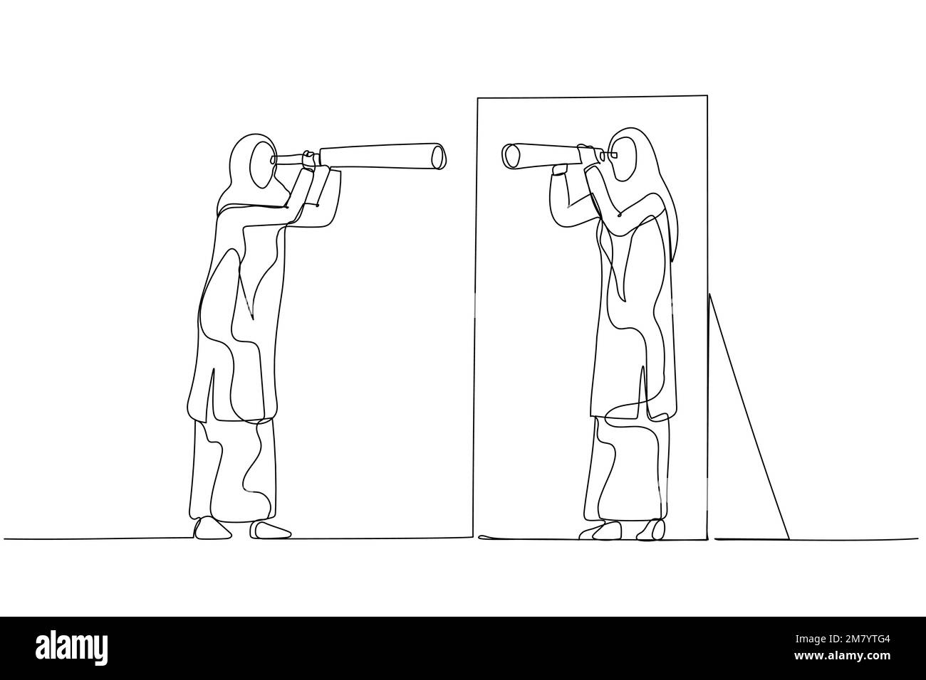 Abbildung einer Frau, die ein Hidschab-Teleskop trägt, das in den Spiegel schaut. Einzeiliges Design im Art-Stil Stock Vektor