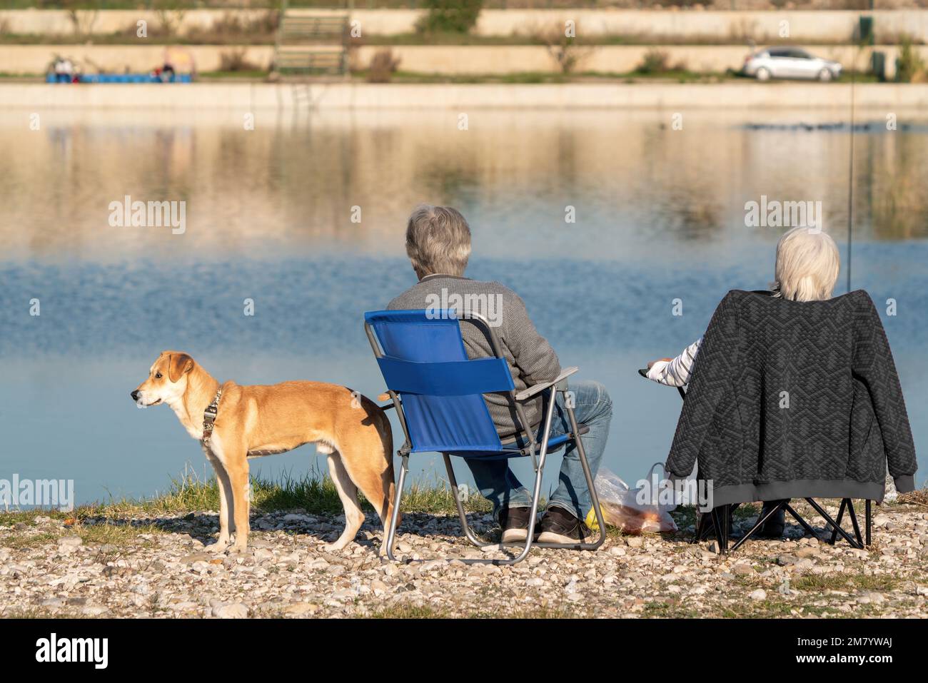Pensionierter Mann und Frau, die mit ihrem Hund am Meer saßen und die Landschaft in der Türkei beobachteten Stockfoto
