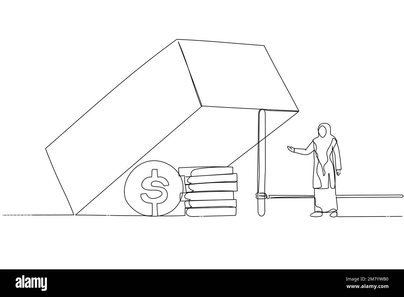 Cartoon einer muslimischen Geschäftsfrau, die versucht, in der Trap-Metapher des Geschäftsrisikos Dollargewinn zu erzielen. Einzeiliges Kunstdesign Stock Vektor