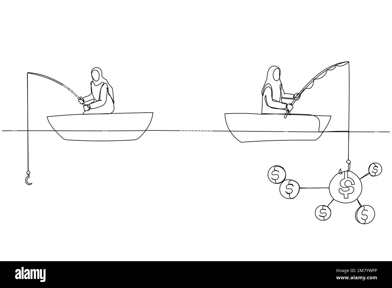 Darstellung einer muslimischen Frau, die Dollar im Boot angeln will. Einteiliges Design mit durchgehender Strichzeichnung Stock Vektor