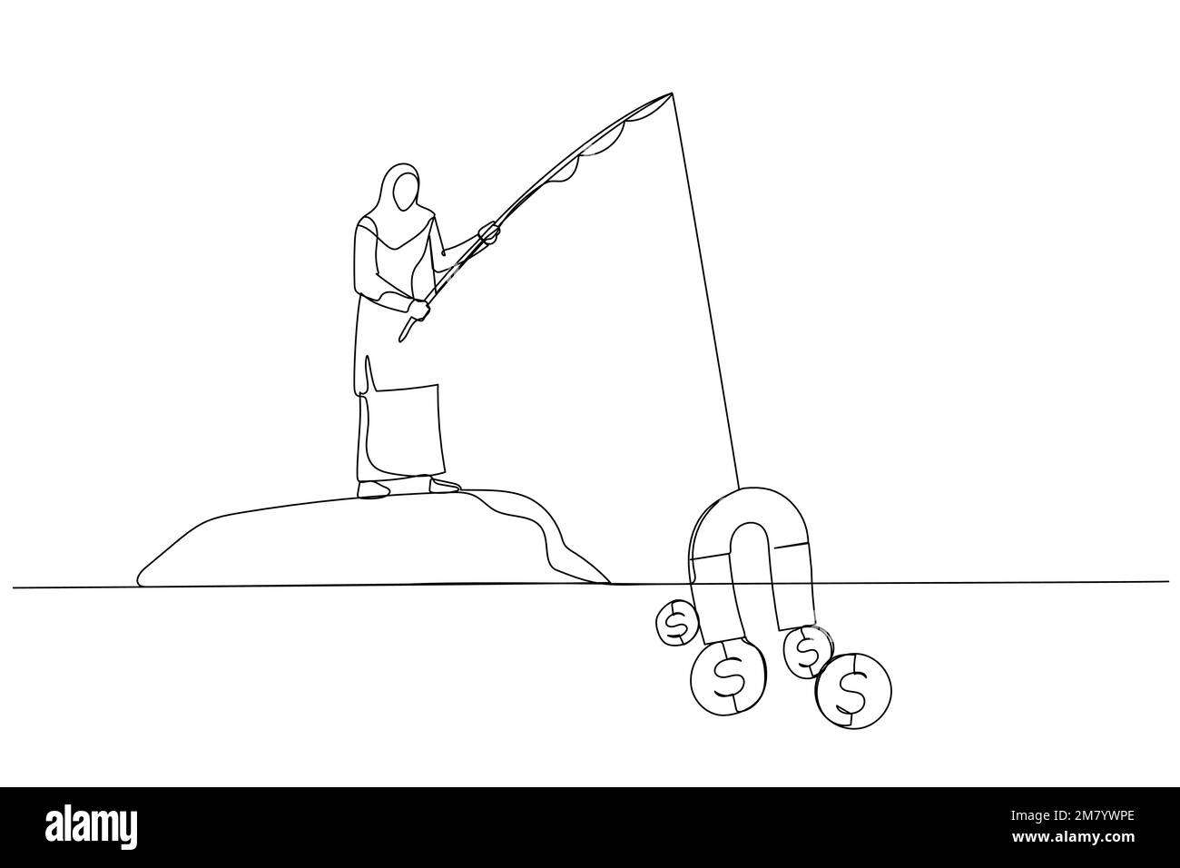 Cartoon mit muslimischen Frauen, die Geld mit großem Magnet fischen. Design im Kunststil mit einer durchgehenden Linie Stock Vektor