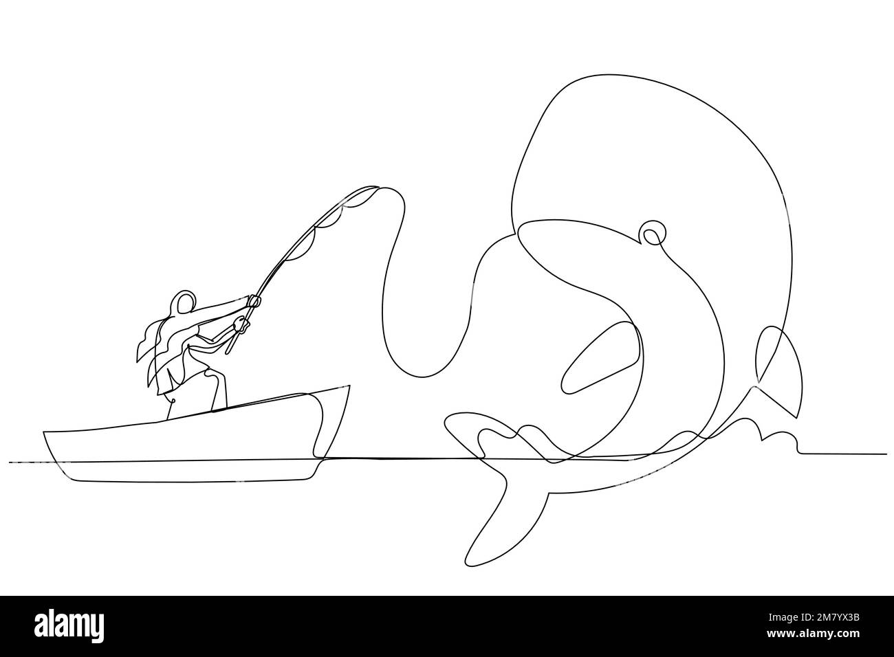 Der Cartoon der muslimischen Frau... hat das Konzept eines großen Fischwals, großen Profit zu machen. Einzeiliges Kunstdesign Stock Vektor