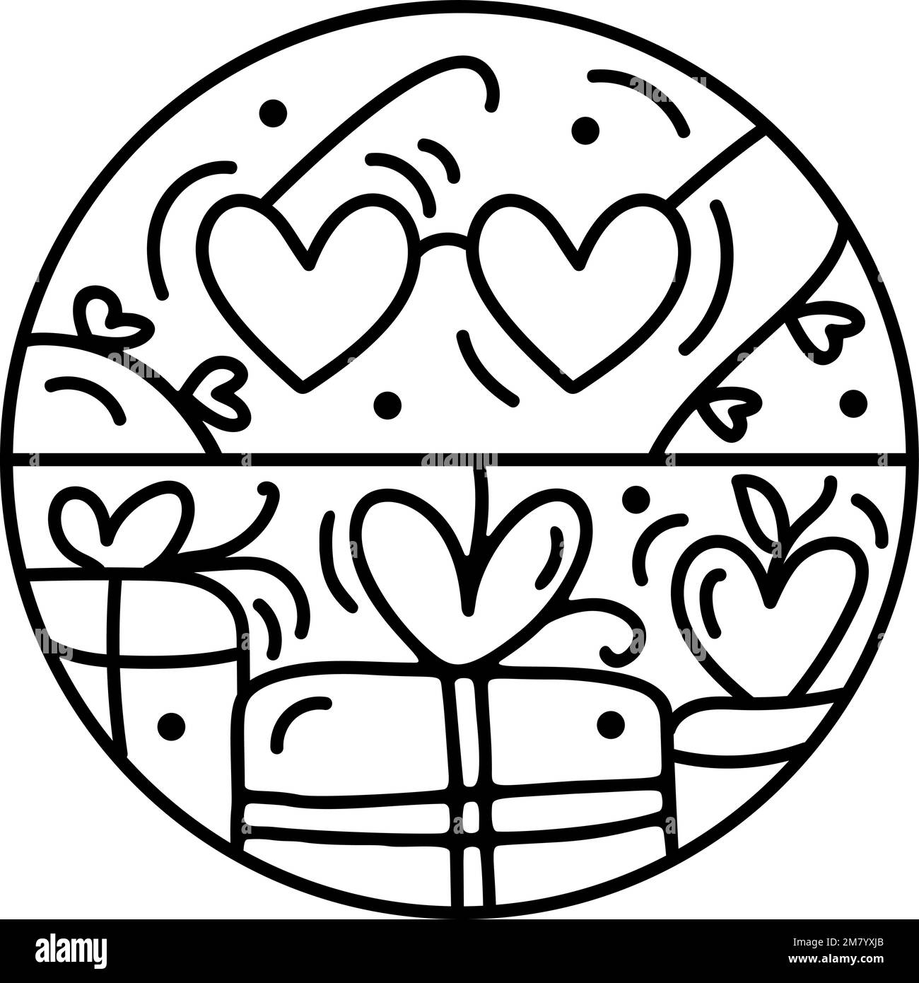 Valentinstag-Vektorzusammensetzung-Geschenkbox und Gläser mit Herzen. Handgezeichnetes „Love Holiday“-Logo in rundem Rahmen für Grußkarte, Webdesign Stock Vektor