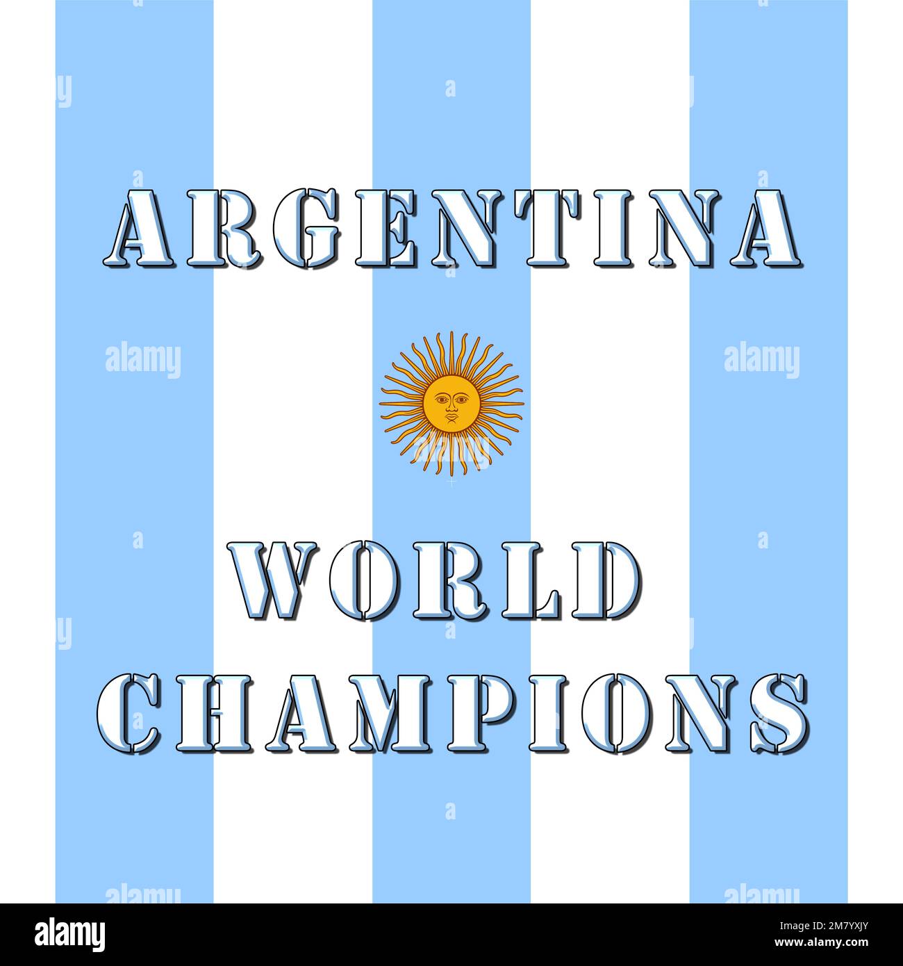 Argentinischer Fußballweltmeister, jetzt sind 3 Sterne auf der Brust des Trikots. Grafik mit argentinischer Flagge und Champions-Stars! Stockfoto