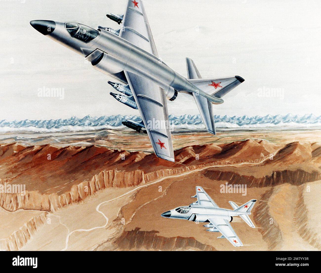 Das künstlerische Konzept des sowjetischen Su-25 Frogfoot-Bodenangriffsflugzeugs. "Sowjetische Militärmacht", 1983, Seiten 32-33. Land: Unbekannt Stockfoto