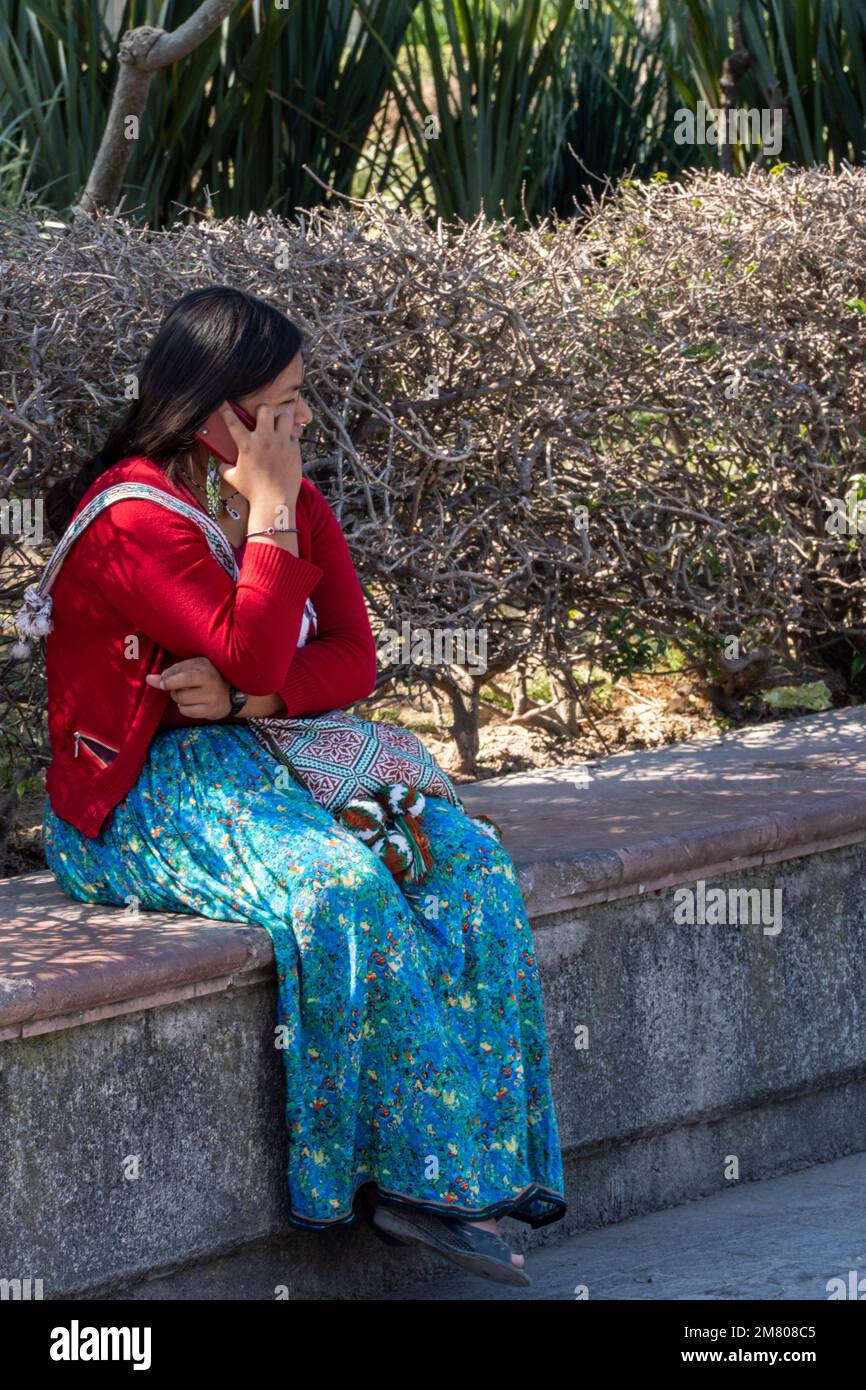 Mexikanische Huichol Perlenhalsketten mit Chaquira-Blüten auf dem Markt handgemachtes Kunsthandwerk sehr mühsam Stockfoto