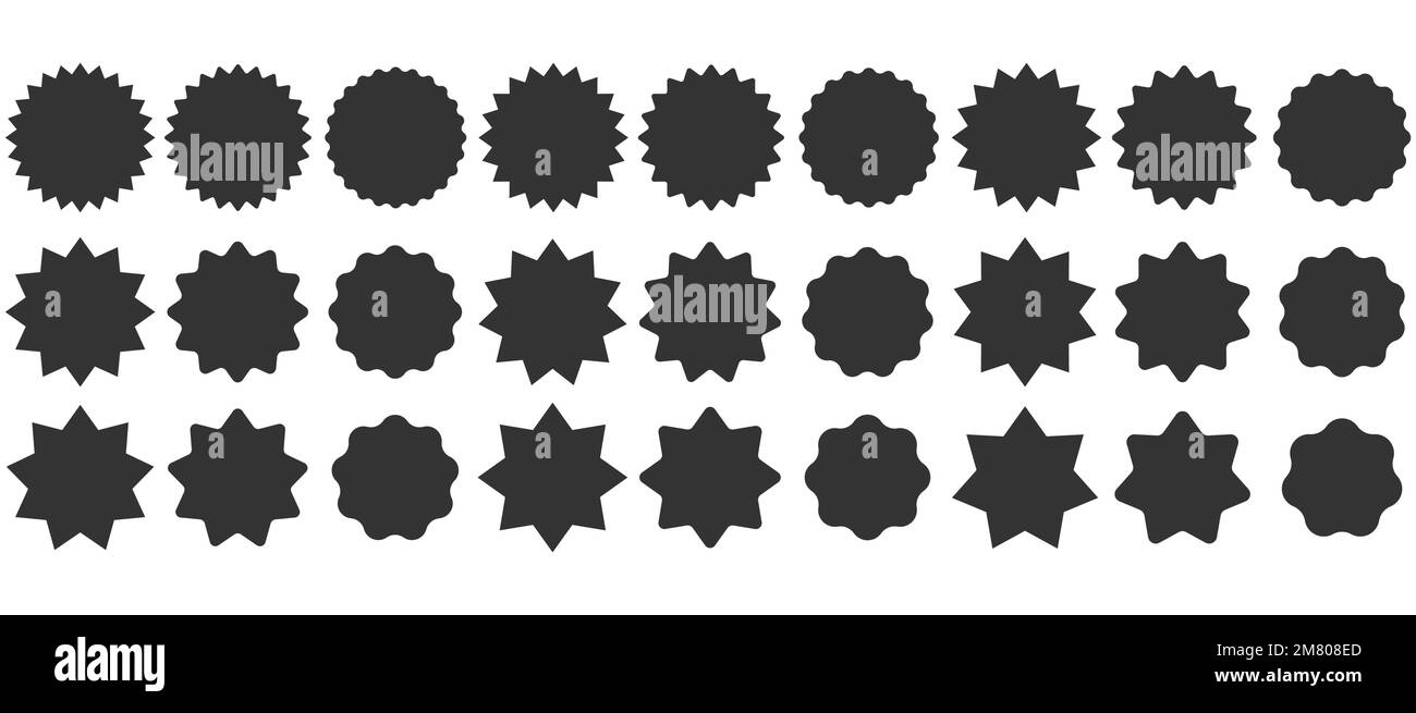 Legen Sie Sonnenschein-Abzeichen. Collection Star-Label. Unterschiedliche Sternenbildung auf weißem Hintergrund isoliert. Vektordarstellung. Eps 10 Stock Vektor