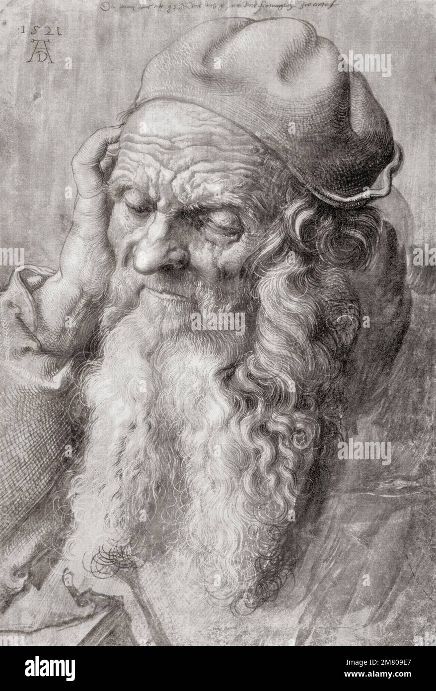 Porträt eines älteren Mannes von 93 Jahren, 1521, nach einem Werk von Albrecht Dürer, 1471-1528, manchmal in Englisch als Dürer geschrieben. Deutscher Maler, Druckmacher und Theoretiker der deutschen Renaissance. Aus Albrecht Dürer, sein Leben und eine Auswahl seiner Werke, veröffentlicht 1928. Stockfoto