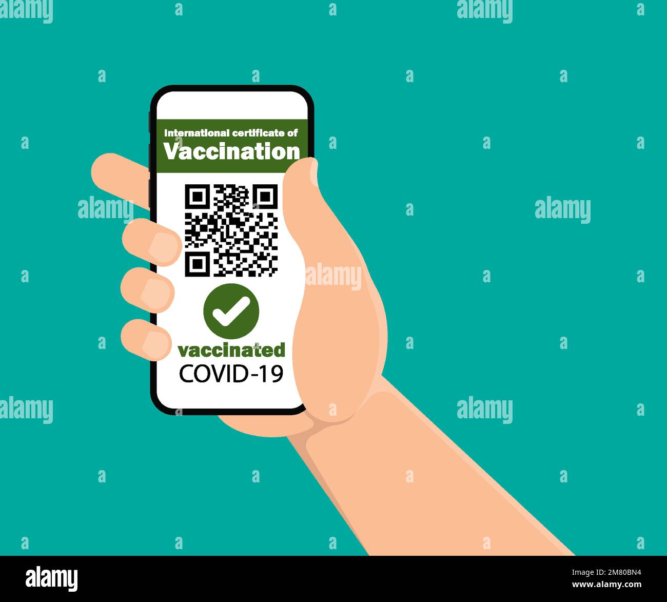 Impfpass für COVID-19, ausgestellt auf Smartphone in männlicher Hand. Vektordarstellung. Eps 10. Stock Vektor