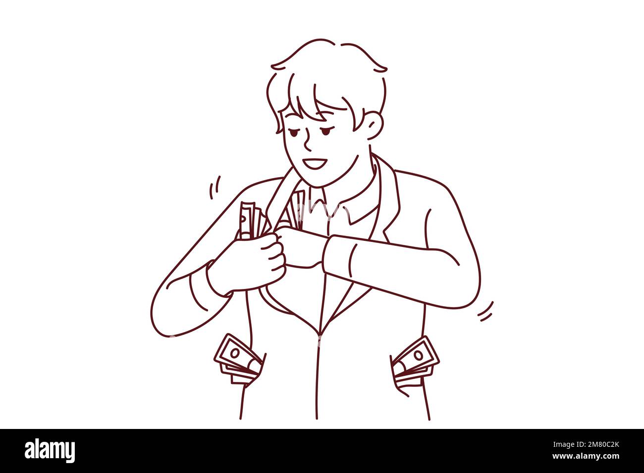 Wohlhabender Geschäftsmann mit Dollar in allen Taschen erhalten Einnahmen oder Einkommen. Lächelnder reicher Mann mit Geld gewinnt Lotterie oder erhält Investitionsquote. Vektorgrafik. Stock Vektor
