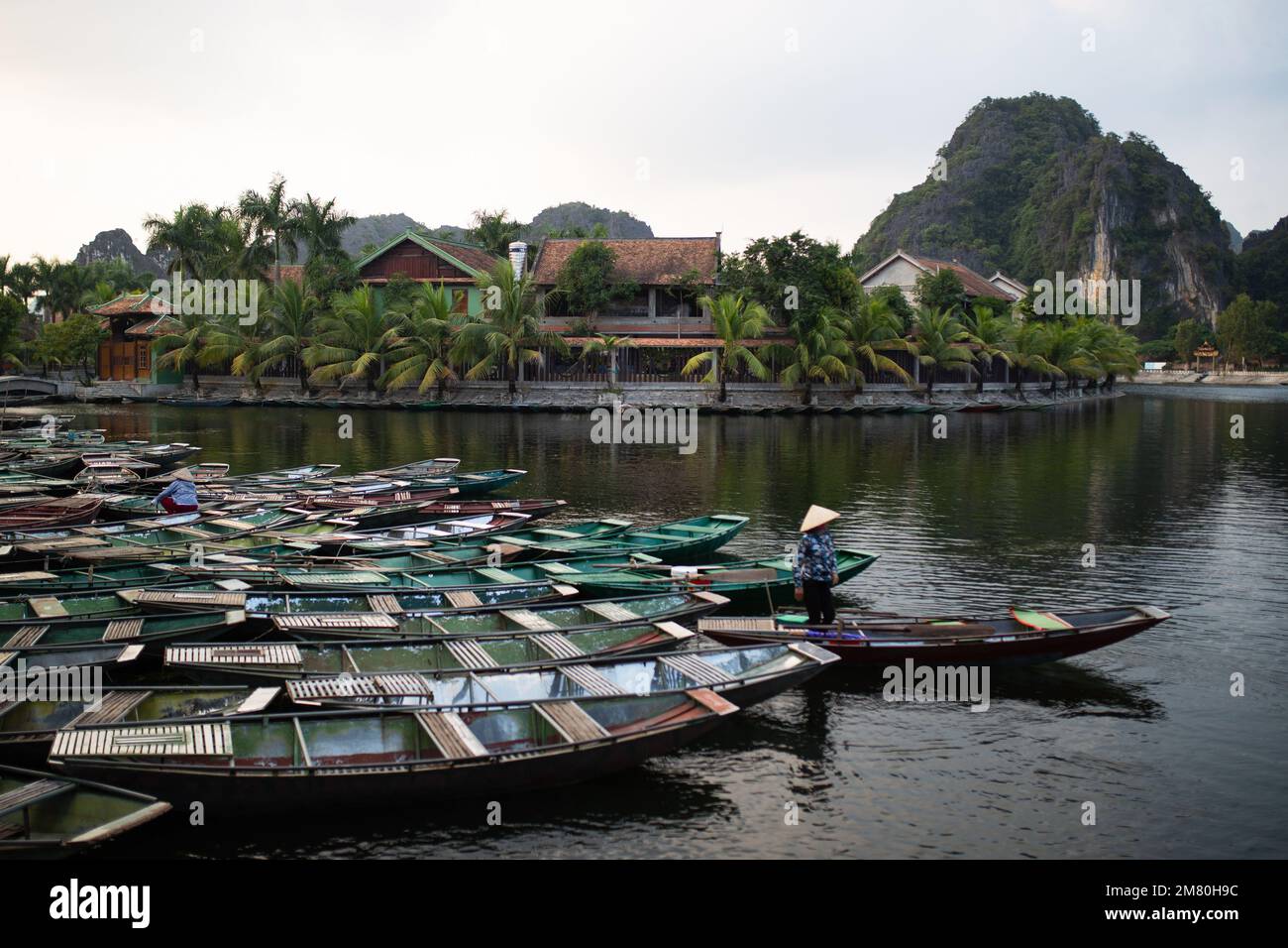 Boote zum Verleih in einer Reihe in Ninh Binh, einer beliebten touristischen Aktivität. - Ninh Binh, Vietnam Stockfoto