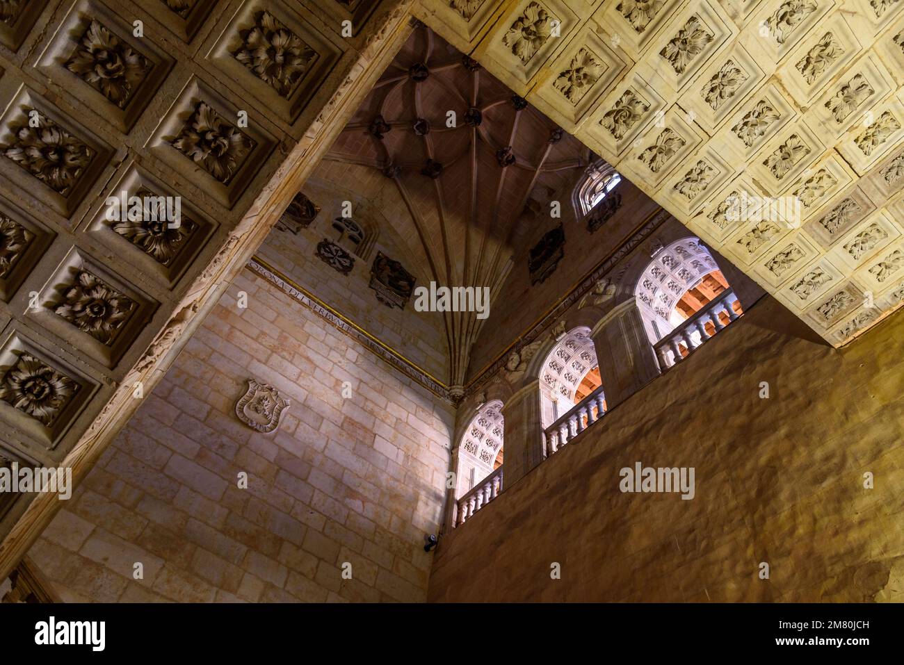 Salamanca, Spanien - 15. Januar 2022: Innenansicht des Klosters San Esteban. Gerippte Gewölbe Stockfoto