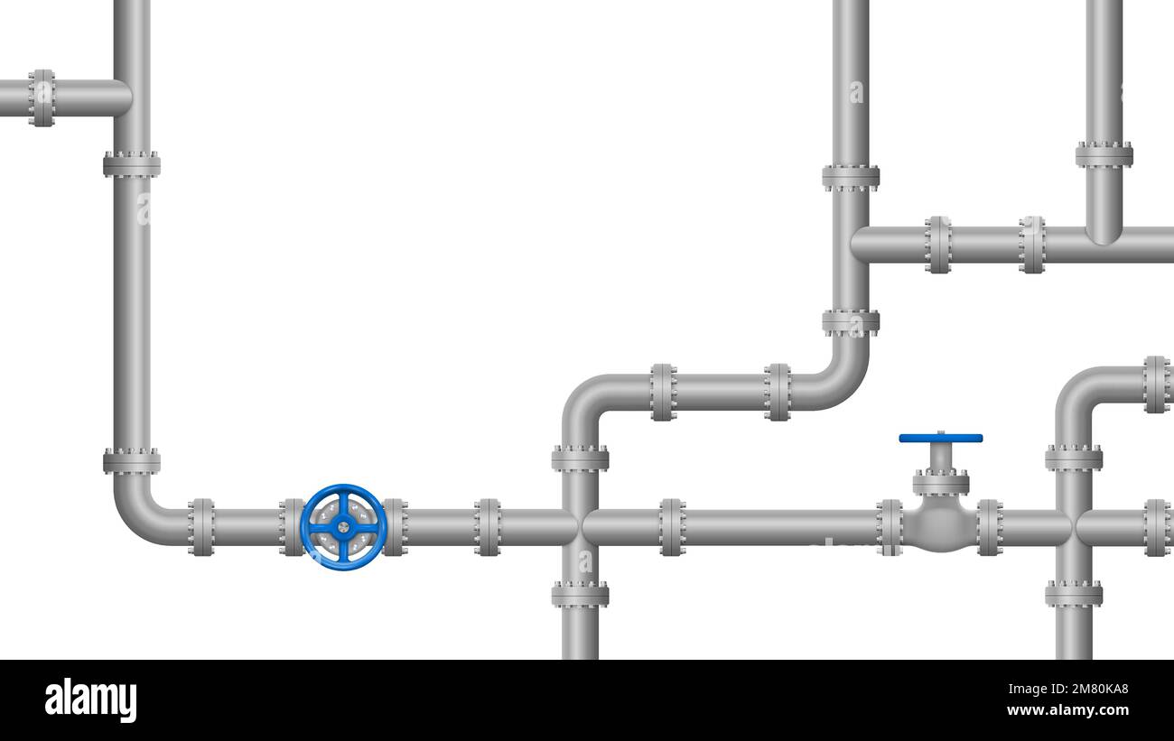 Industrieller Hintergrund mit Pipeline. Öl-, Wasser- oder Gasleitung mit Anschlüssen und Ventilen. Vektordarstellung. Eps 10. Stock Vektor