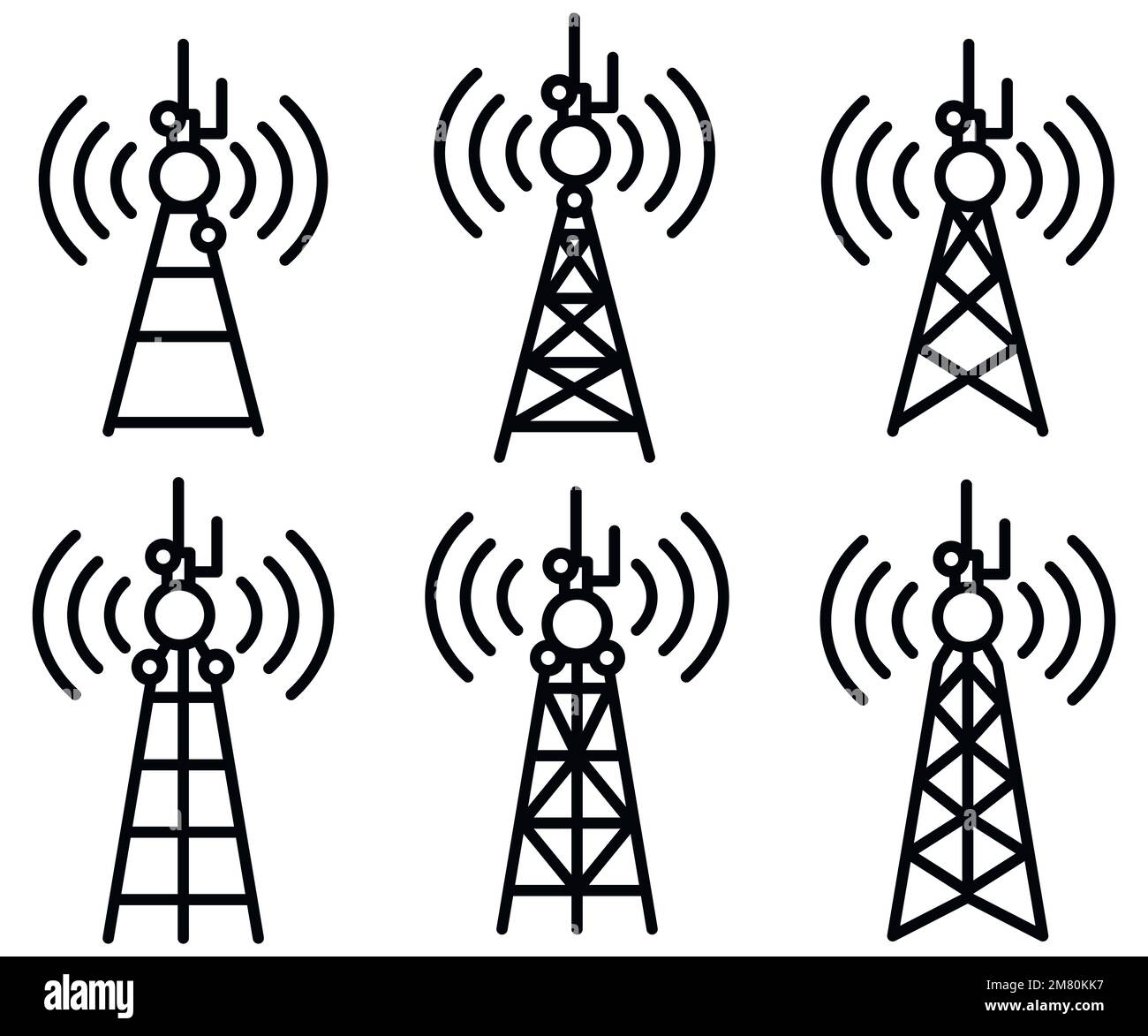 Symbole für Antennenturme. Telekommunikationsturm mit Antennen. Vektordarstellung. Eps 10. Stock Vektor