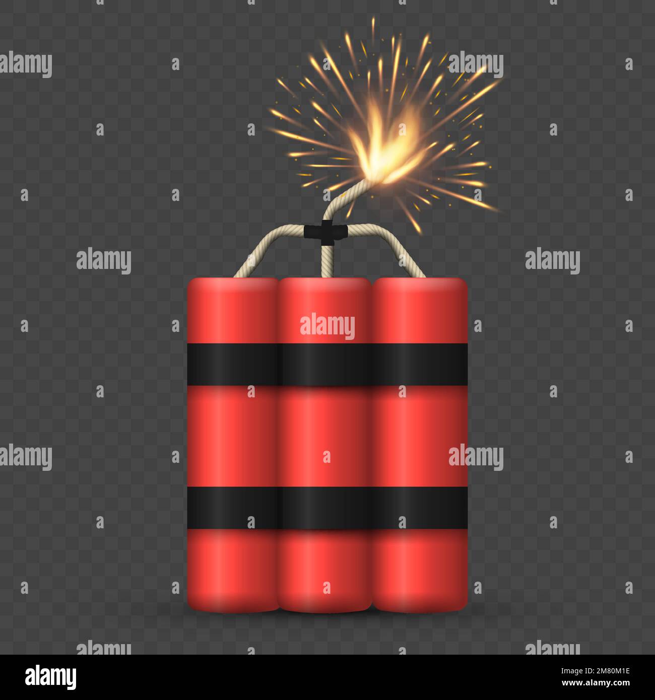 Realistischer Haufen roter Sprengstoffbomben mit Feuerblitz. Vektordarstellung. Eps 10. Stock Vektor