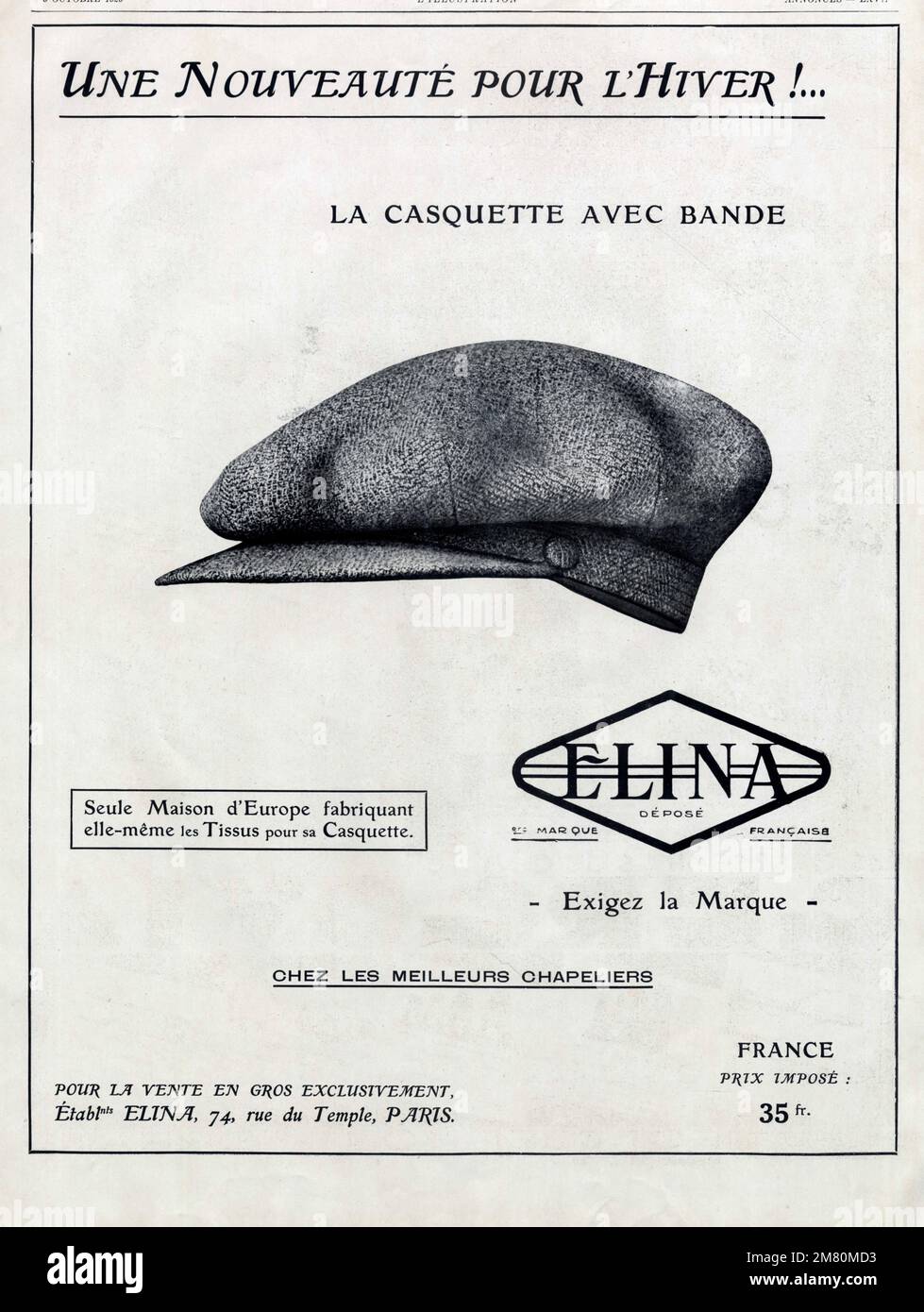 PUBLICITE ANCIENNE LA CASQUETTE AVEC BANDE,ELINA.1929.FRANKREICH Stockfoto