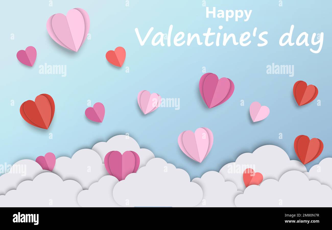 Valentinstag-Konzeptgeschichte. 3D rote und rosa Papierherzen mit weißen Wolken. Vektordarstellung. Eps 10. Stock Vektor