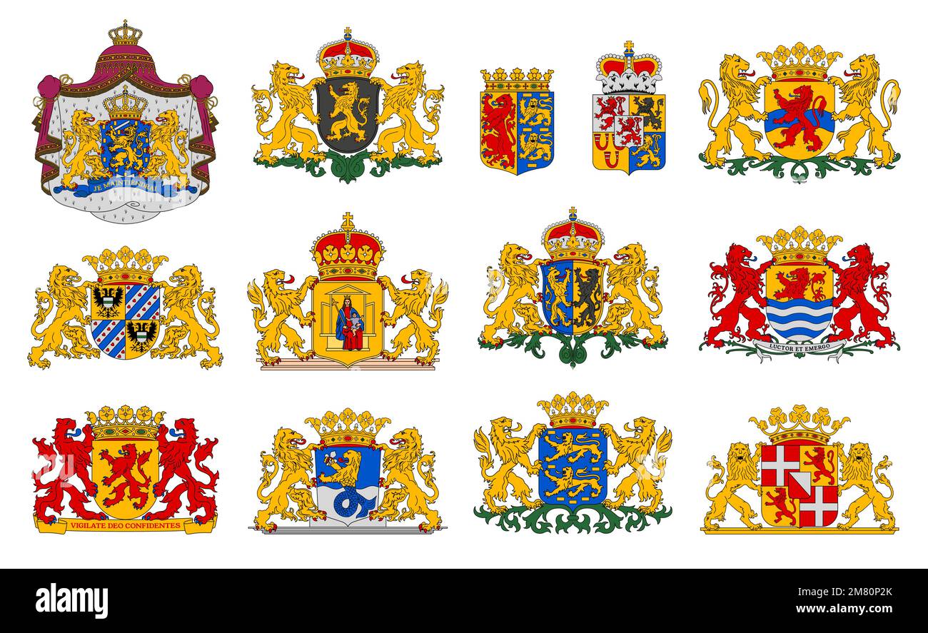 Niederländisches Wappen, Provinzembleme und niederländische Heraltrockenheit, Vektorblazons. Niederländische Provinzen Wappen oder offizielle heraldische Symbole mit Löwen und Monarchkrone auf Schilden Stock Vektor