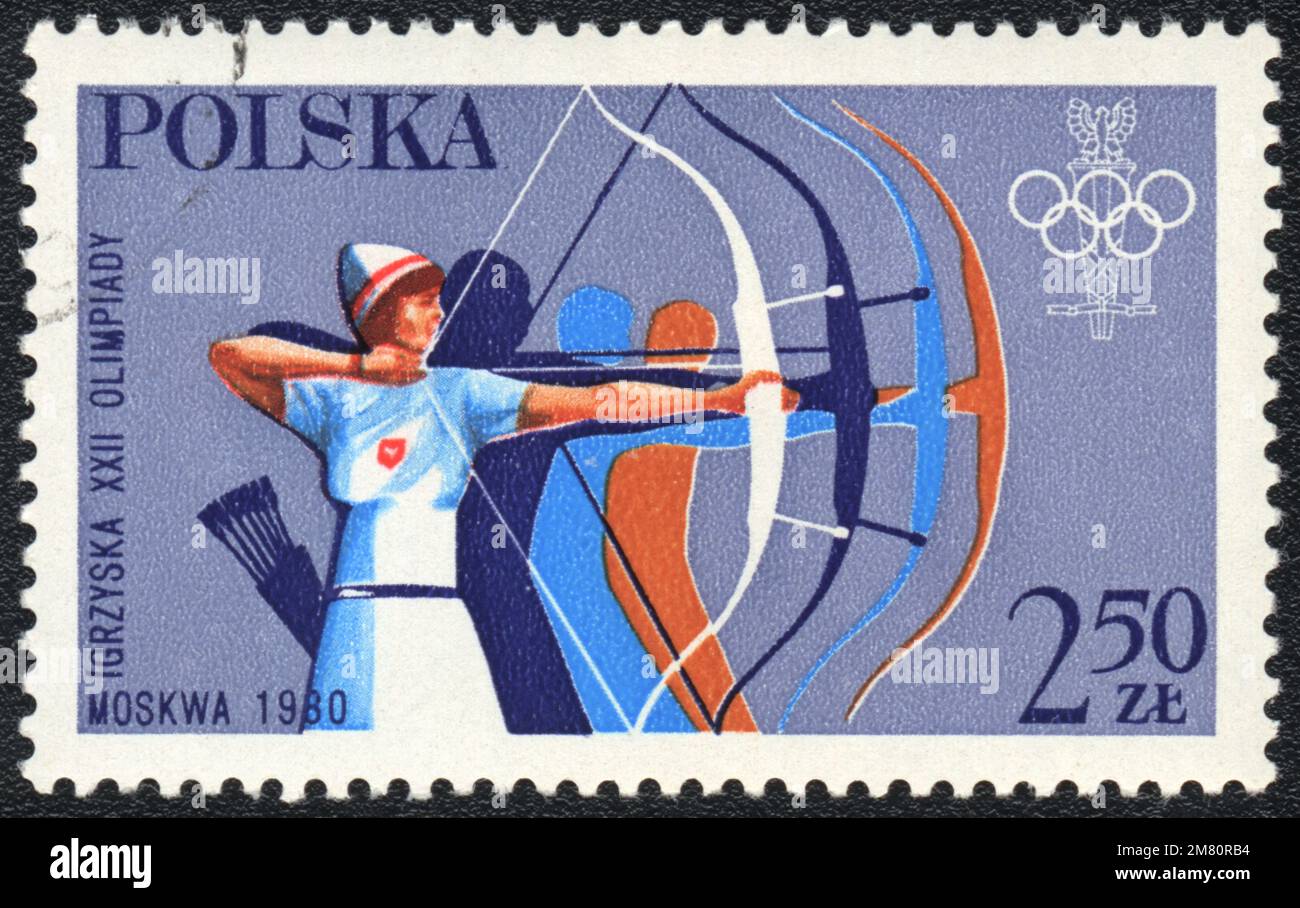 Ein in Polen gedruckter Stempel zeigt Target Bogenschießen, XXII. Olympische Spiele Moskau, 1980 Stockfoto