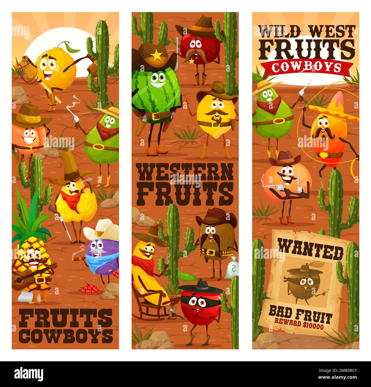 Wild-West-Cartoon-Früchte Cowboys, Western-Sheriff, Ranger und Räuberfiguren. Vektorbanner mit lustigen texanischen Banditen Wassermelone, Orange, Pflaume oder Quitten, Pfirsich, Zitrone, Kiwi, Apfel, Birnen Stock Vektor