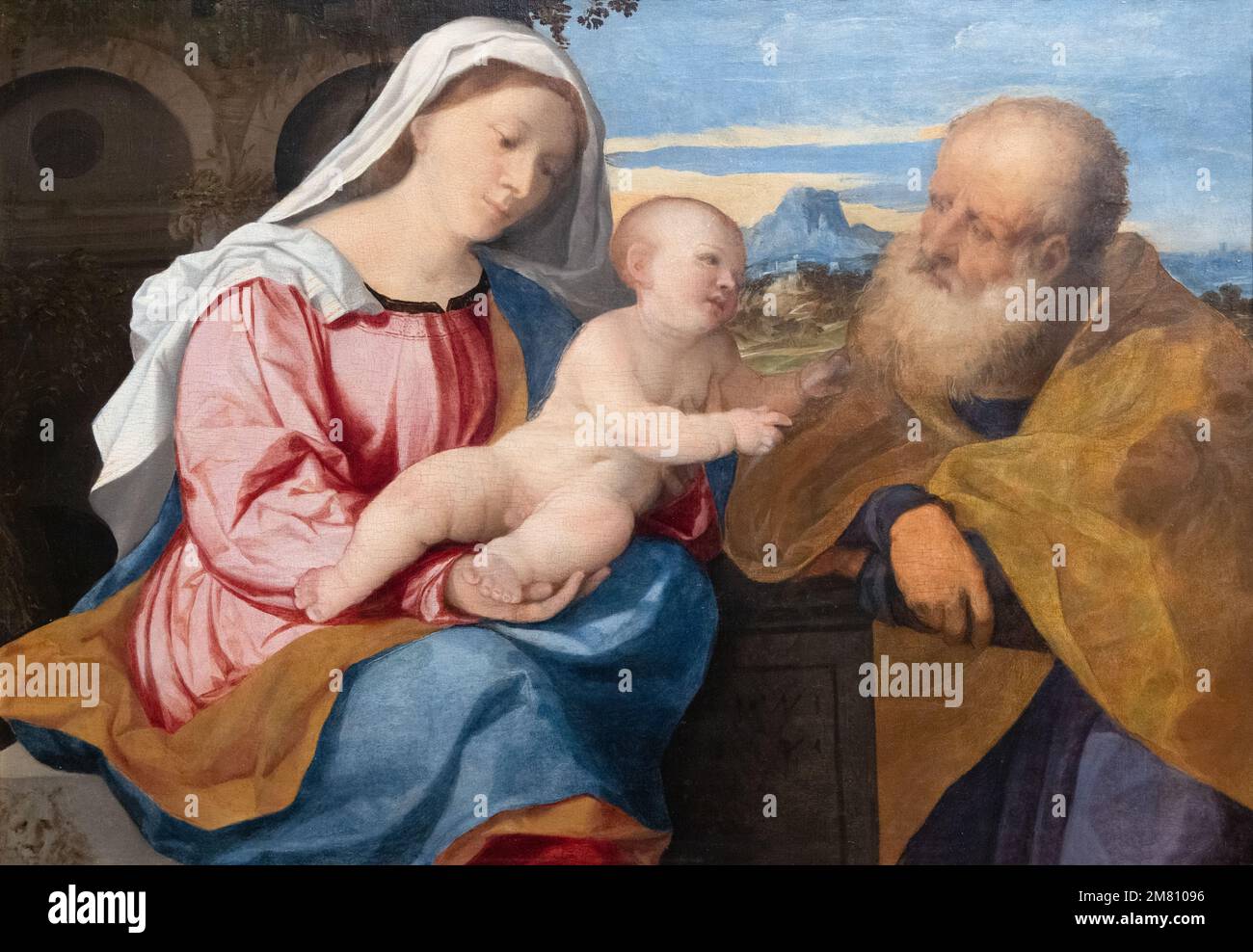 Ölgemälde „die Heilige Familie“ aus dem 16. Jahrhundert, gemalt von Jacopo Palma Il Vecchio, italienischem Künstler 1500s. Das Czartoryski-Museum, Krakau Polen Stockfoto