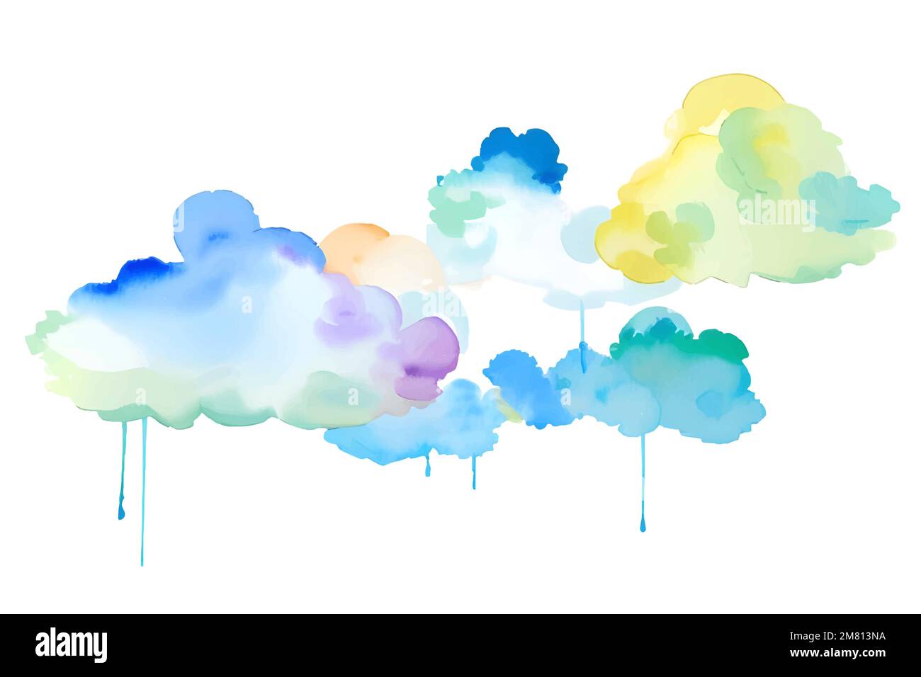 Handgefertigte Illustration von farbenfrohen pastellfarbenen Aquarellen, mehrfarbigen abstrakten Farbspritzern auf weißem Papierhintergrund, Vektor-Aquarellwolke. Stock Vektor