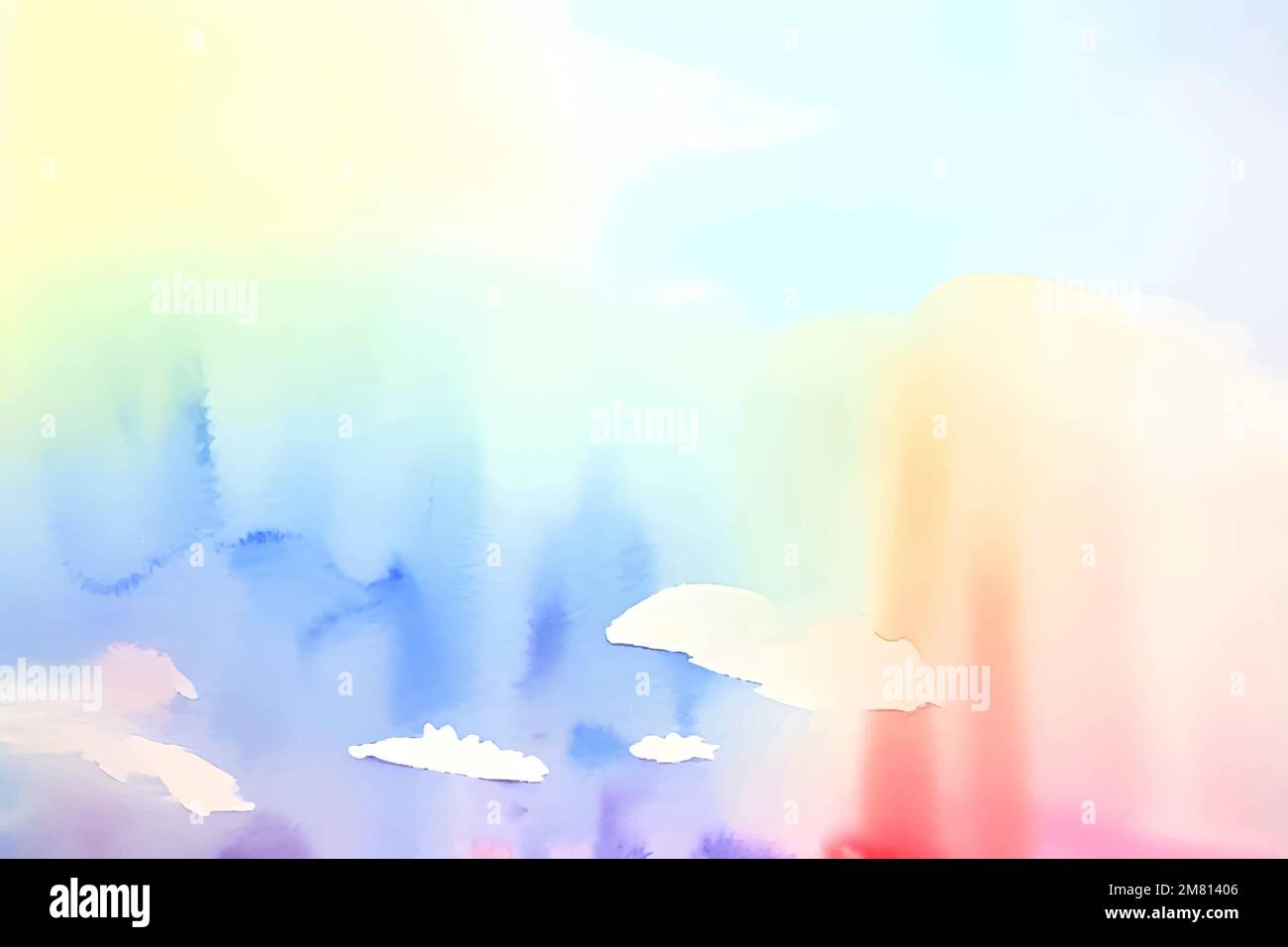 Handgefertigte Illustration von farbenfrohen pastellfarbenen Aquarellen, mehrfarbigen abstrakten Farbspritzern auf weißem Papierhintergrund, vektorfarbenen Wolken. Stock Vektor