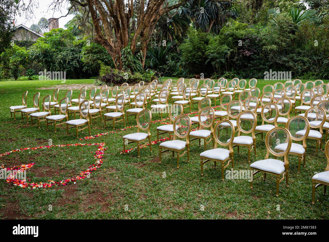 Kenia Hochzeit Bilder Einrichtung Rigs Zubehör Details Essen Hochzeitskleid Kleider Paar Braut Ringe Schuhe draußen drinnen wild Bushepic Stockfoto