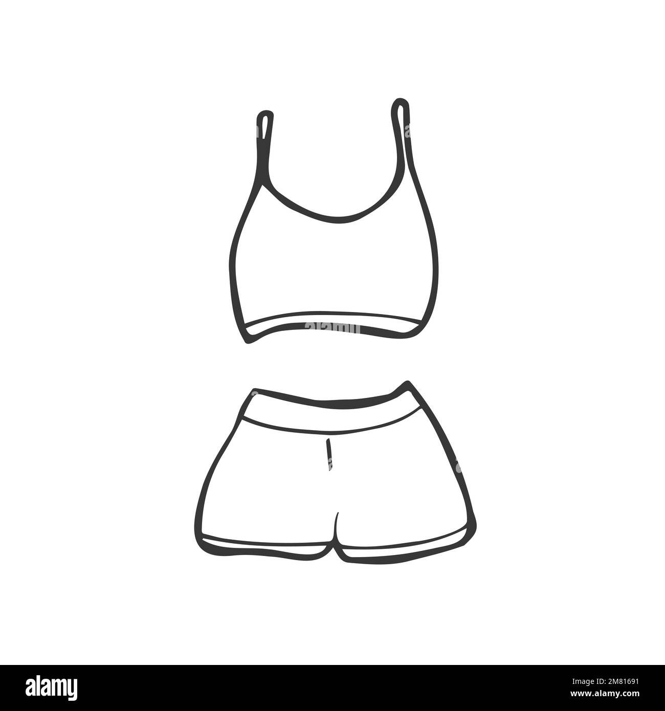 Fitness-Outfit für Damen. BH-Oberteil, Shorts. Für sportliche Aktivitäten. Vektordarstellung handgezeichnet. Stock Vektor