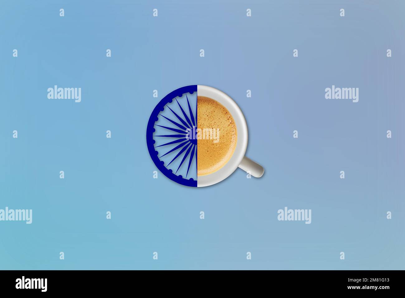 Ashok Chakra und Kaffeetasse Konzept und Design der indischen Flaggen Kunst. Der Tag der Republik Indien. Unabhängigkeitstag Indiens. Stockfoto