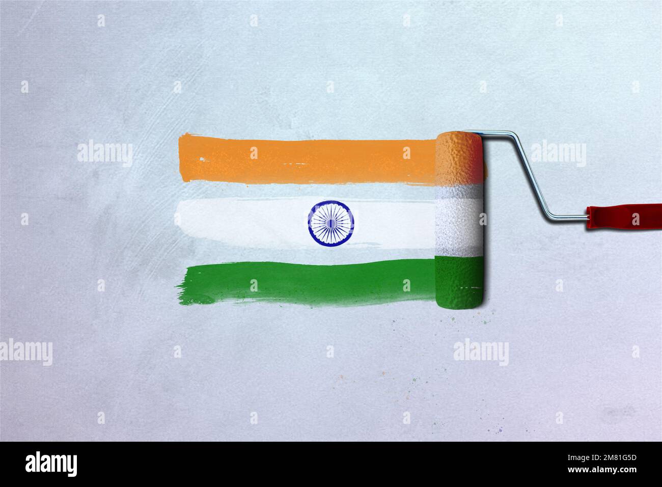 Kreatives Konzept einer indischen Dreifarb-Flagge mit Pinsel. Der Tag der Republik Indien. Unabhängigkeitstag Indiens. Indien mit Farben. Stockfoto