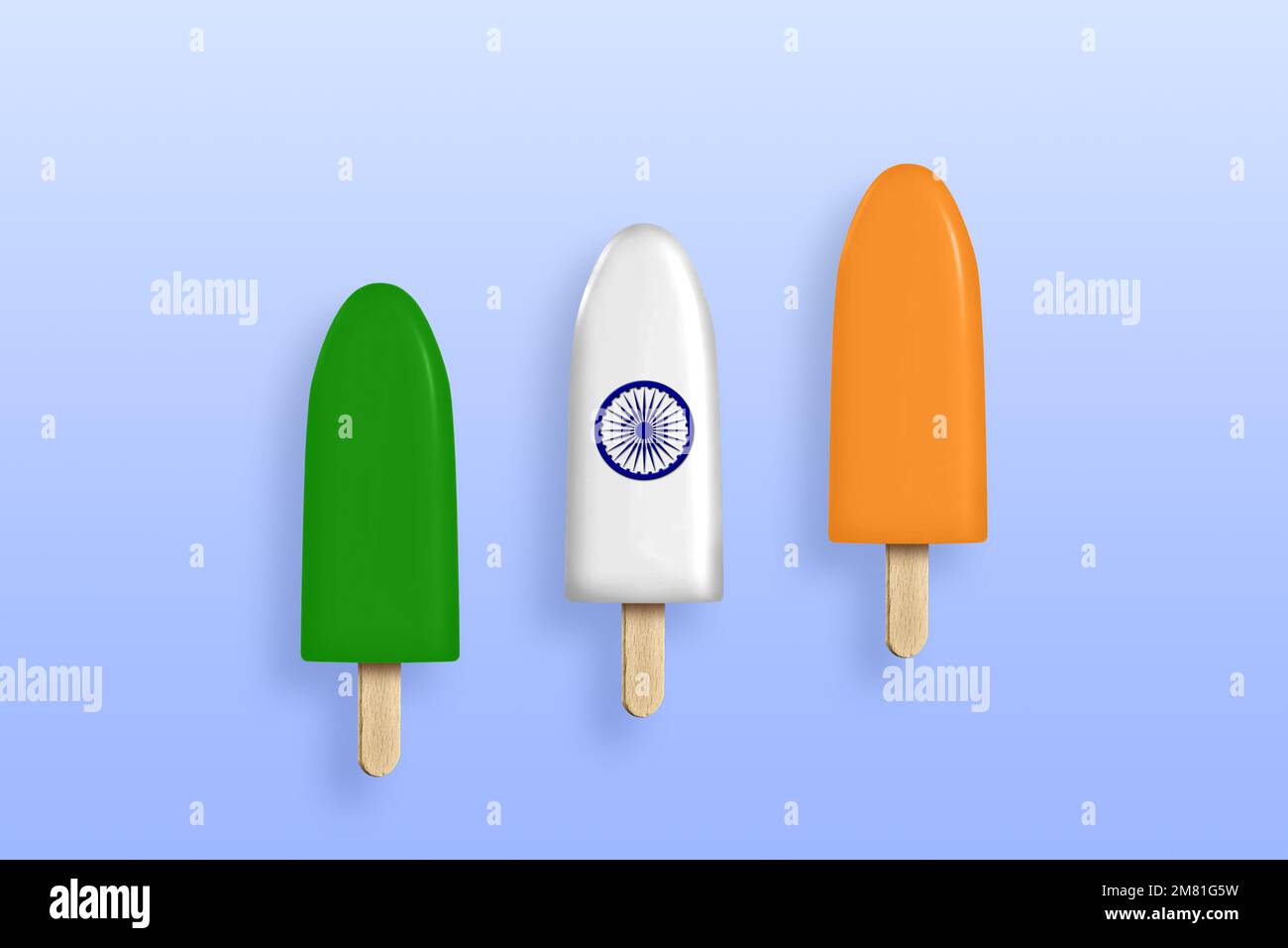 Kreatives Konzept der indischen Dreifarbenflagge auf Eiscreme kulfi. Der Tag der Republik Indien. Unabhängigkeitstag Indiens. Stockfoto