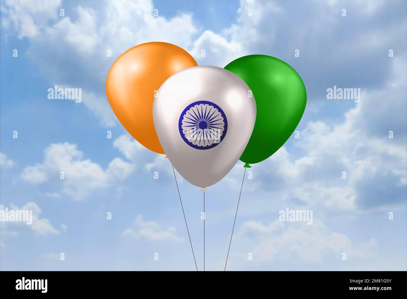 Kreatives Konzept einer indischen Dreifarbflagge mit Ballons. Der Tag der Republik Indien. Unabhängigkeitstag Indiens. Stockfoto