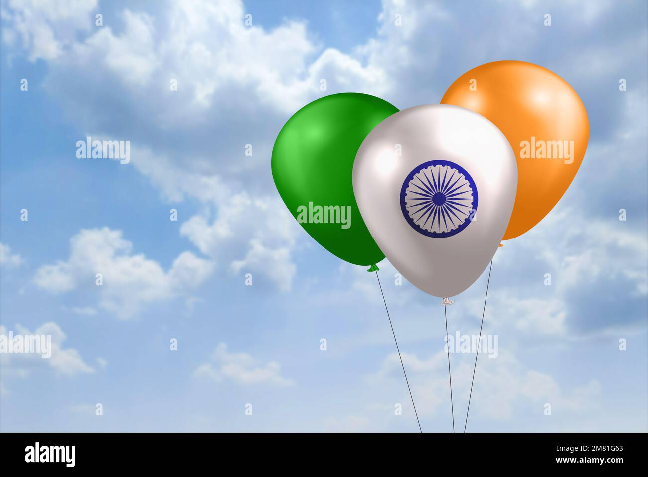 Kreatives Konzept einer indischen Dreifarbflagge mit Ballons. Der Tag der Republik Indien. Unabhängigkeitstag Indiens. Stockfoto
