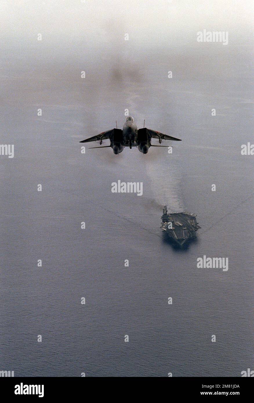 Vorderansicht eines F-14A Tomcat-Flugzeugs aus dem Kampfgeschwader 102 (VF-102) kurz nach dem Abflug vom Flugzeugträger USS AMERICA (CV-66). Das Flugzeug ist mit zwei AIM-54-Phoenix-Raketen, Mittellinie, zwei AIM-7-Sparrow- und zwei AIM-9-Sidewinder-Raketen (außen) ausgerüstet, die auf Flügelpylonen montiert sind. Land: Indischer Ozean (IOC) Stockfoto