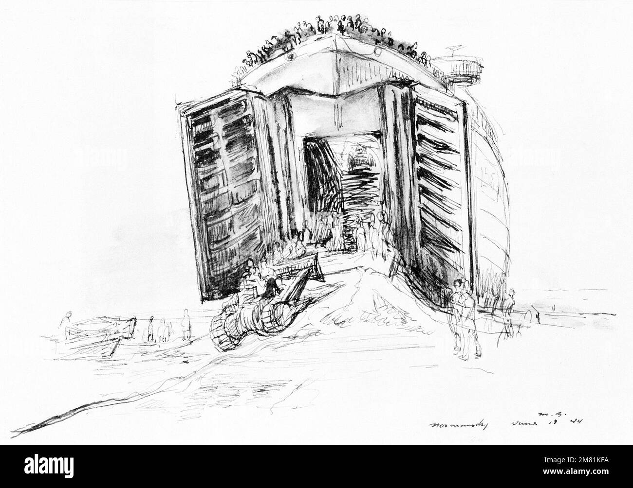 Artwork: 'An LST Grounded on Omaha Beach', Normandie, Frankreich, 1944, Tinte, 7-1/4' X 10'. Künstler: Manuel Bromberg. Katalognummer: D.4.234.46. US Army Art Kollektion. Land: Unbekannt Stockfoto