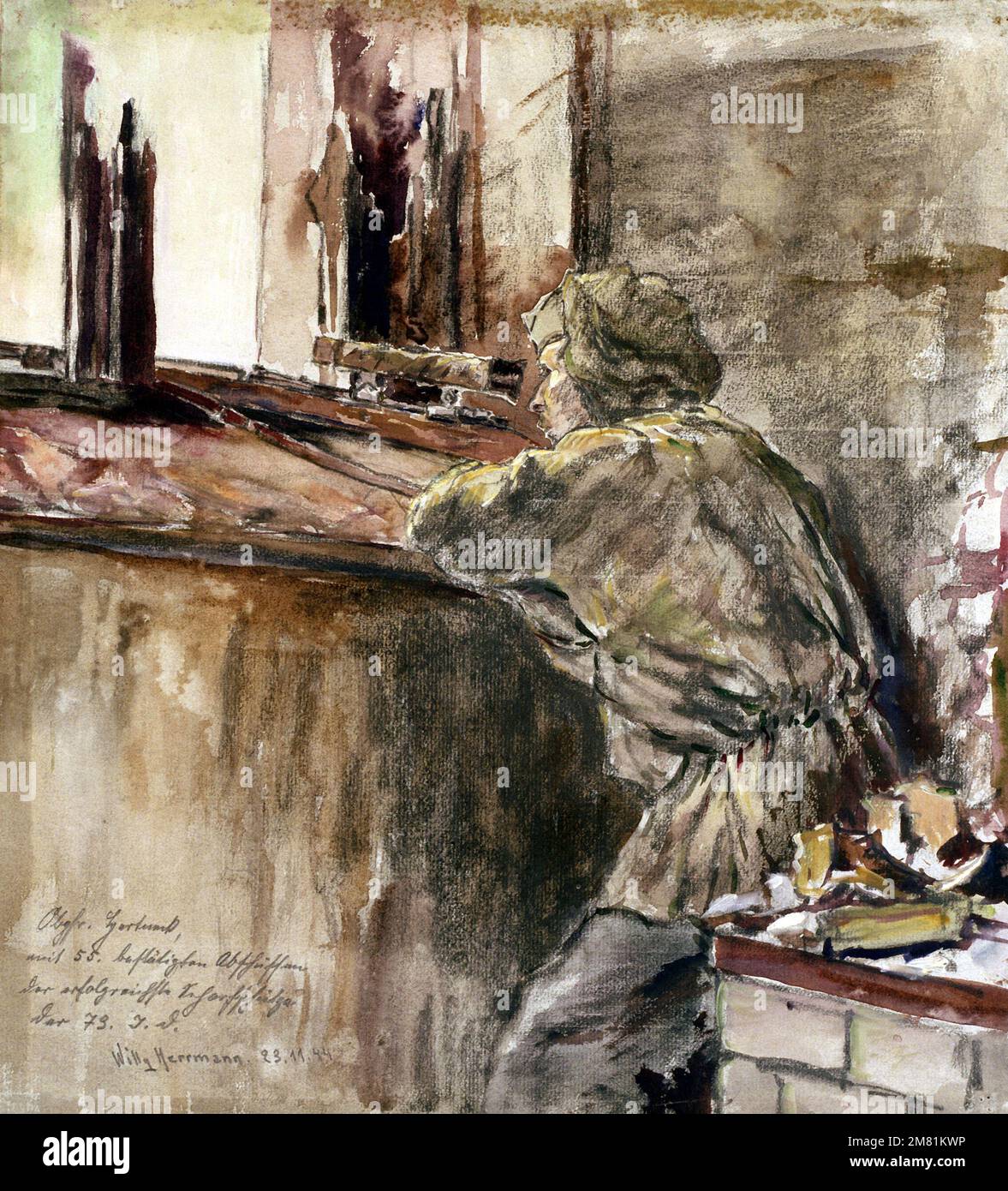 Bildmaterial: "Portrait of German Sniper Sharpshooter PFC Hortenek, 73D. Infanteriedivision", 1944. Künstler: Willy Herman. Katalognummer: G.W.1.3021.47. US Army Art Kollektion. Land: Unbekannt Stockfoto