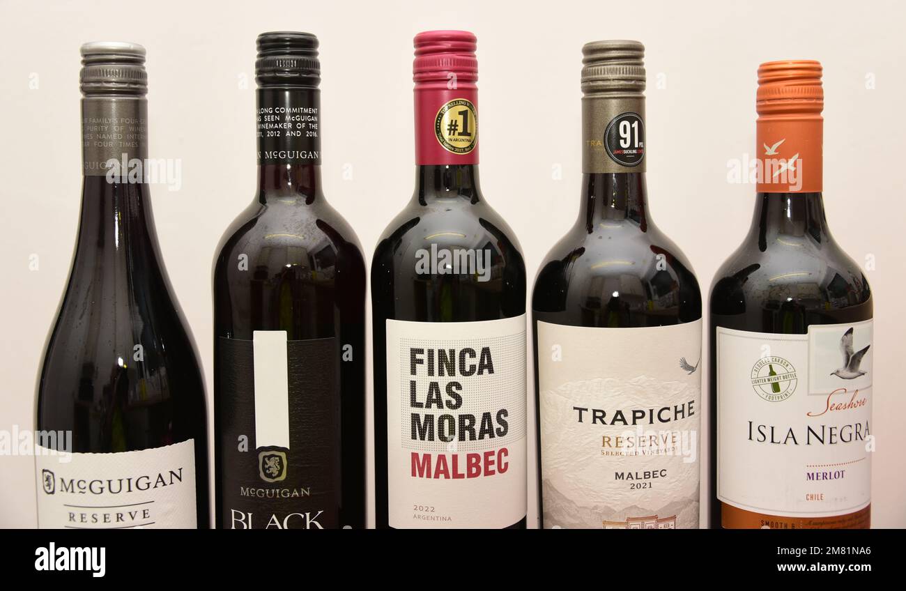 Eine Reihe von fünf Flaschen Rotwein mit einer Flasche Malbec Finca Las Moras, hergestellt in Argentinien, in der Mitte, vor weißem Hintergrund. Stockfoto
