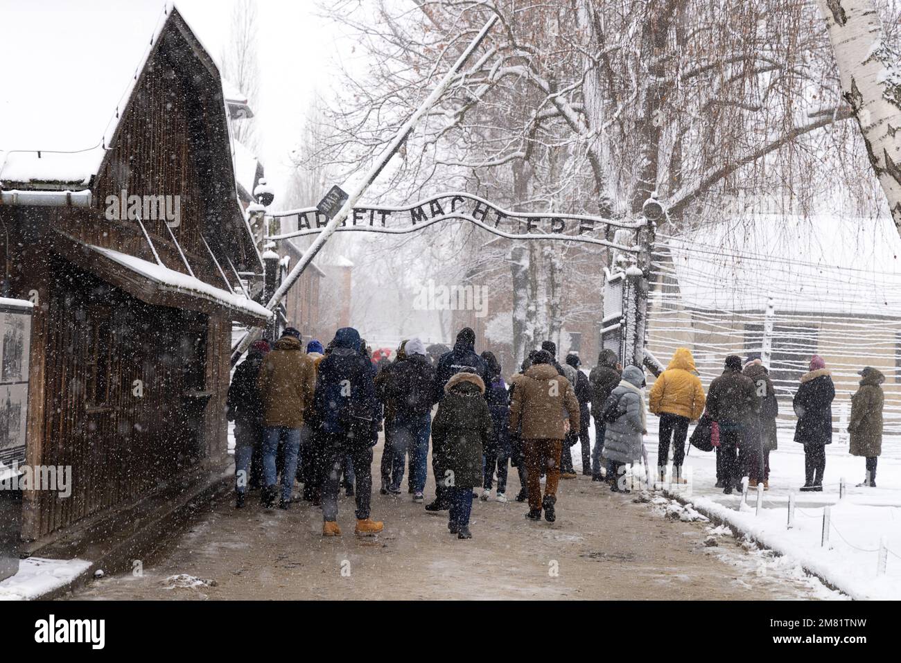 Besucher, die das Konzentrationslager Auschwitz durch das Haupttor betreten, im Winter mit Schnee; Auschwitz Birkenau, UNESCO-Weltkulturerbe, Krakau Polen Stockfoto