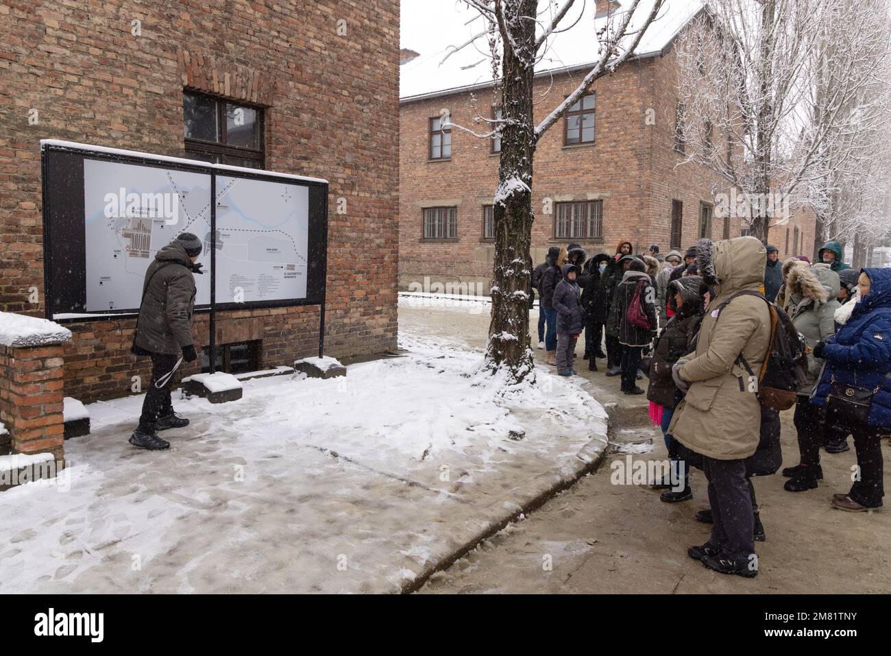 Auschwitz-Besucher; Touristen auf einer Führung durch das Konzentrationslager Auschwitz Birkenau im Winter; Auschwitz-Museum, Krakau Polen Europa Stockfoto
