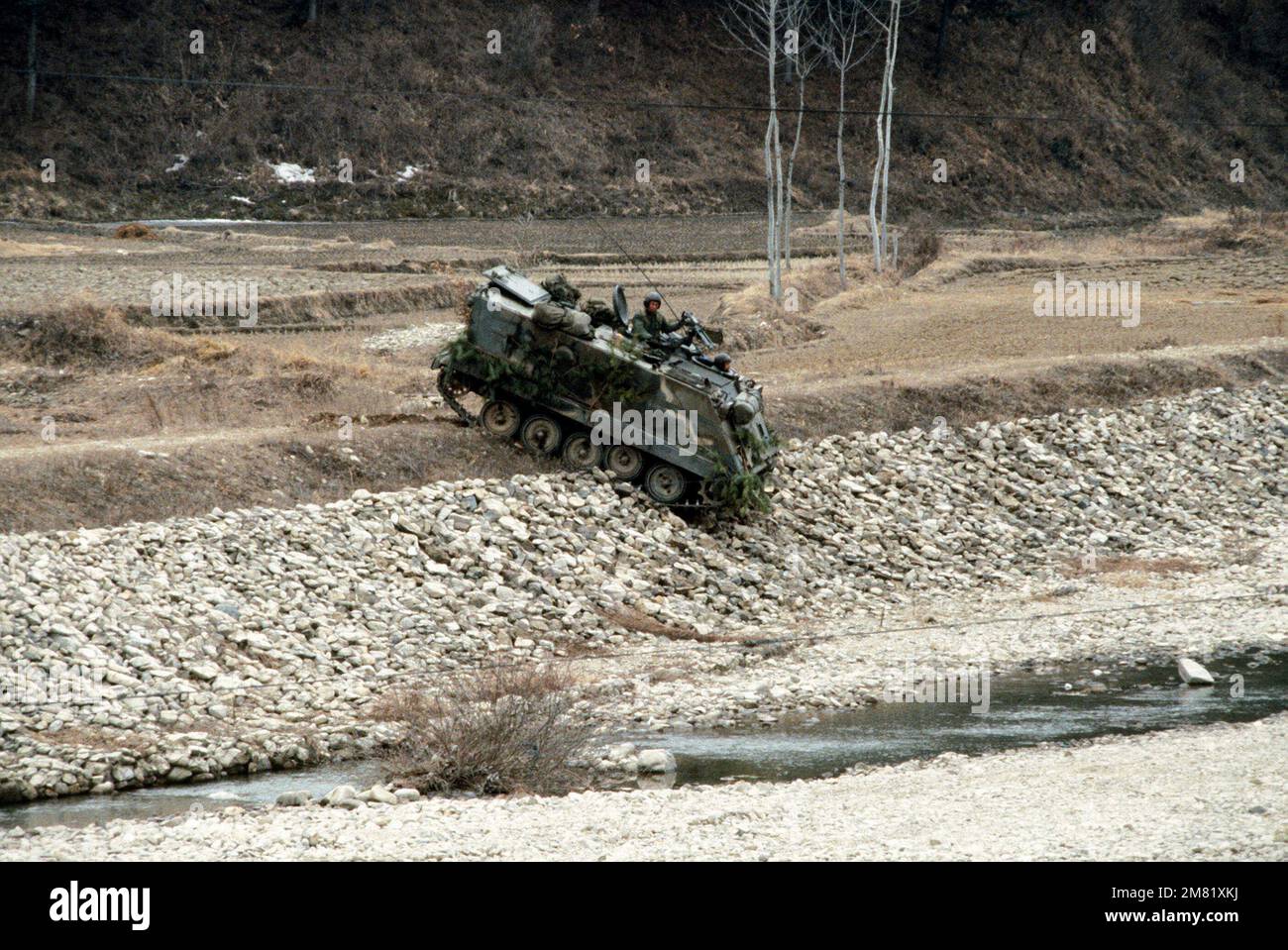 Ein M113 gepanzerter Personentransporter betritt ein Bachbett, um während des TRAININGSTEAMS SPIRIT 84 eine Verteidigungsposition einzunehmen. Betreff Operation/Serie: TEAM SPIRIT 84 Land: Republik Korea (KOR) Stockfoto