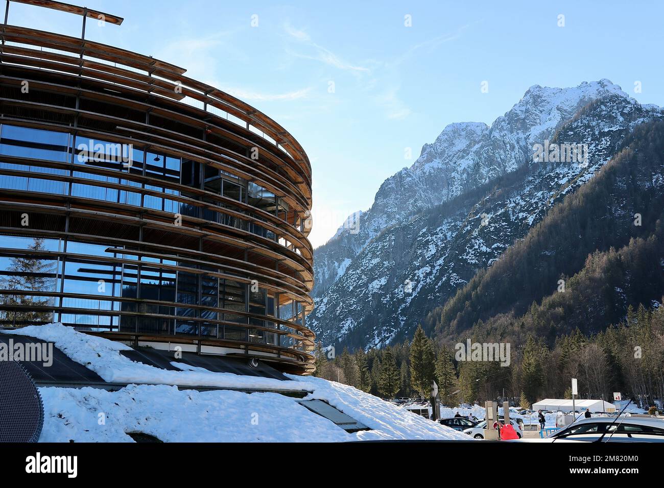 Planica Nordic Centre, Planica, in der Nähe von Kranjska Gora in den slowenischen Alpen, berühmt für Skispringen, einschließlich Austragung der Weltmeisterschaft Stockfoto