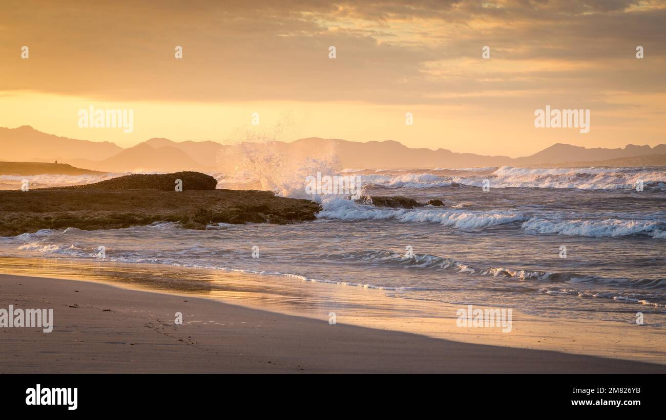 Sonnenuntergang und Wellenbrecher am Sandstrand playa in Son Serra de Marina, Tramuntana-Berge hinten, Son Serra de Marina, Mallorca, Spanien Stockfoto