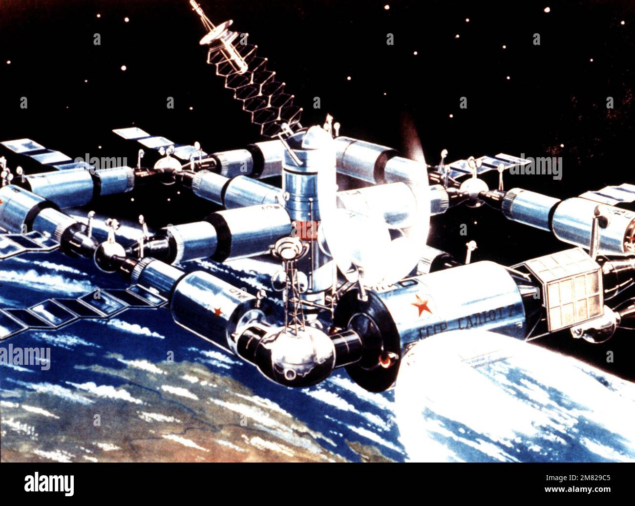 Ein Künstlerkonzept einer sowjetischen bemannten Raumstation Künstler: C. Louis Cuccia. Mit freundlicher Genehmigung der sowjetischen Militärmacht, 1984. FOTO Nr. 43, Seite 46. Land: Unbekannt Stockfoto